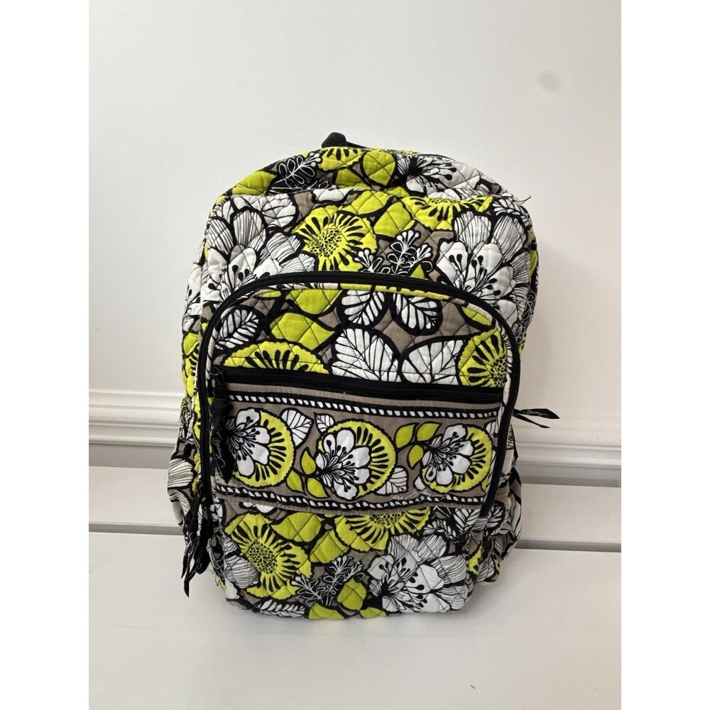 ✿ Vera Bradley Backpack Quilted Cotton Floral Travel School Bag Black Yellow